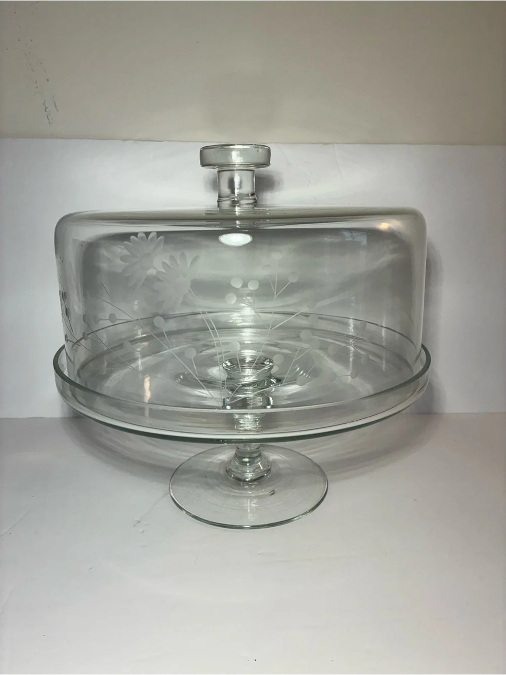 Princess House Heritage Etched Glass Cake Stand & Dome | Floral Daisy Pedestal